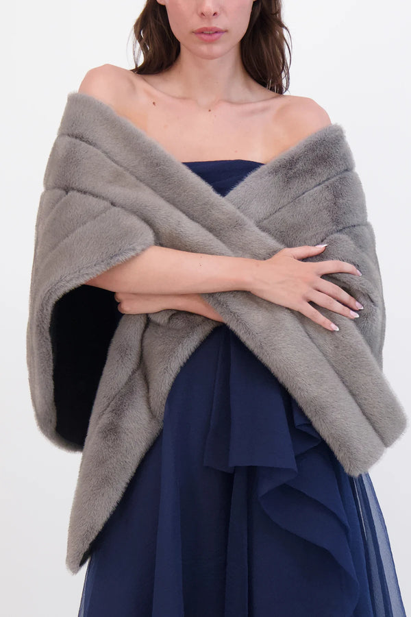 Theia 8890011 Fur-Free Mink Stole - A luxurious gray wrap with a cruelty-free mink design, perfect for formal evenings and adding a chic finishing touch.