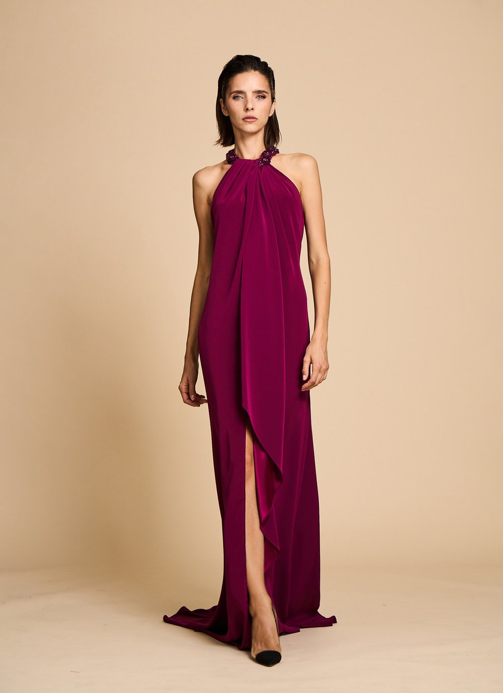 Crepe halter bridesmaid top dress with beaded neckline