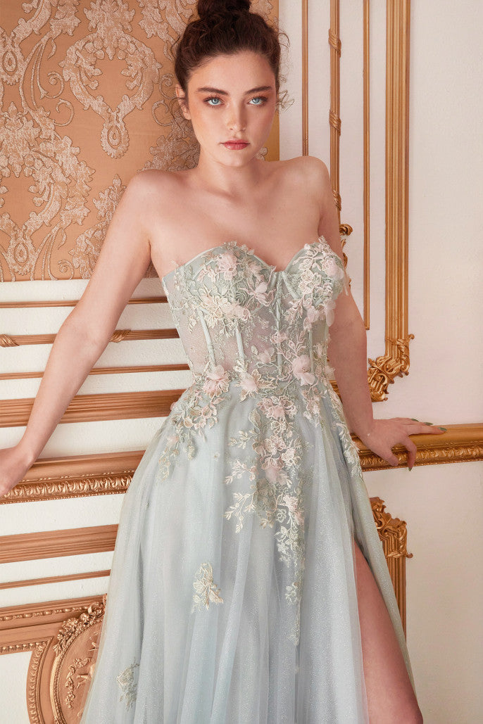 Andrea & Leo Couture A1029 Corset Strapless Floral Applique Blue Eveni –  Sparkly Gowns